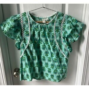 Joie Womens Top Green Lace Floral Cotton Boho Peasant Festival Size M